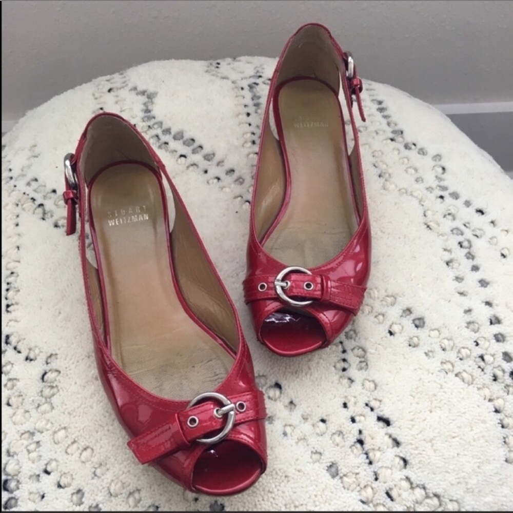 Stuart Weizman Red Patent Leather Peep Toe Flats - image 2